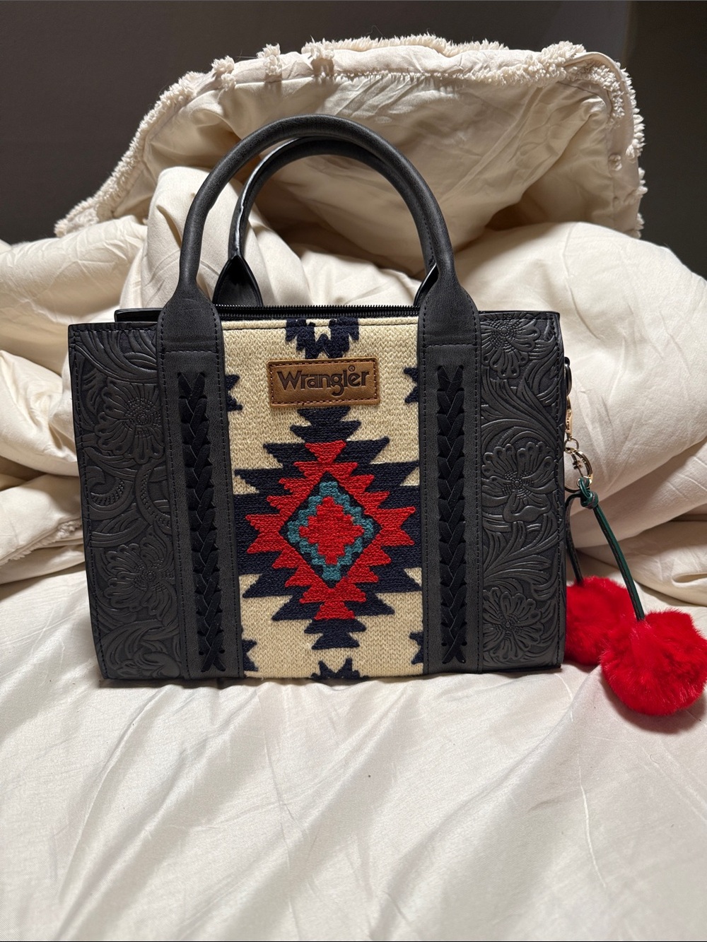 Wrangler Black, Cream & Red Aztec Satchel with Teal Accent